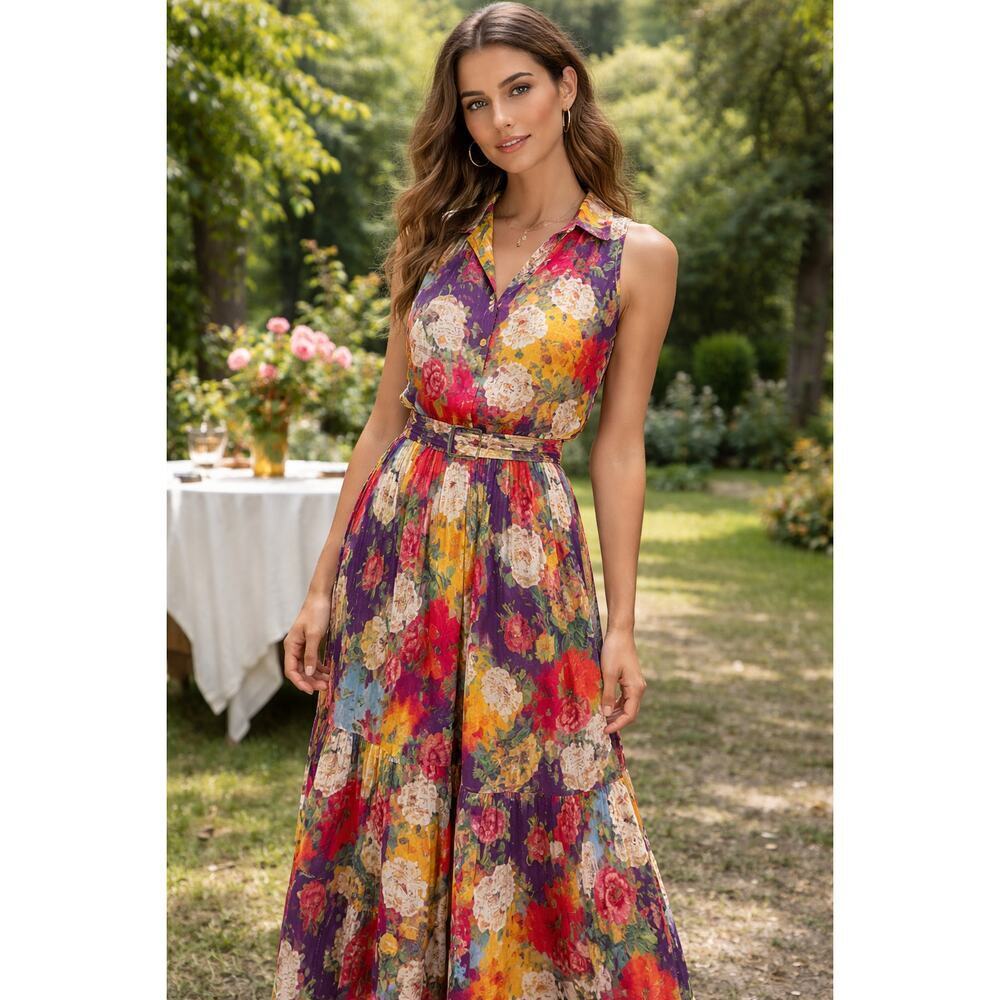 Vintage 90s Together! Floral Patchwork Maxi Shirt Dress Belted Sleeveless (10)
